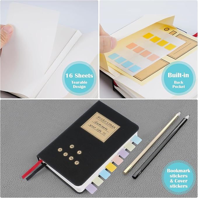 Pocket Dotted Notebook, 2-Pack Dot Grid Notebook, Dotted Journal with Stickers, 3.5" x 5.5" Hardcover, Small Mini A6 size, 160 Pages, 100 gsm Thick Paper, Black