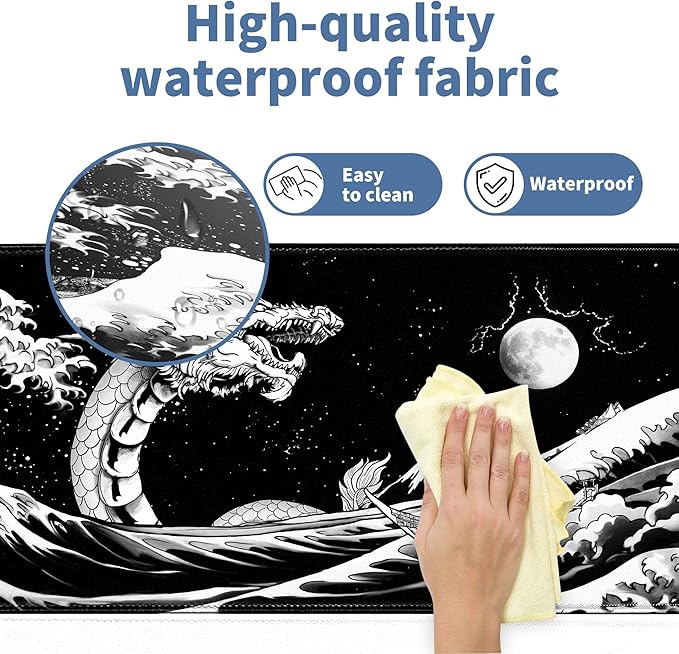Japanese Wave Dragon Gaming Mouse Pad Large Desk Mat Black Extended Keyboard Mouse Pad Gaming Mousepad with Non-Slip Base Stitched Edge Mouse Mat Desk Pad 31.5 X 11.8 Mouse Pads for Desk Home Office