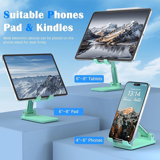 Cell Phone Stand, Adjustable Angle and Height Cell Phone Holder for Desk, Foldable and Portable, Anti-Slip Silicone Pad, Compatible with All Mobile Phones and 4-8 Inch Devices (Green&Green)