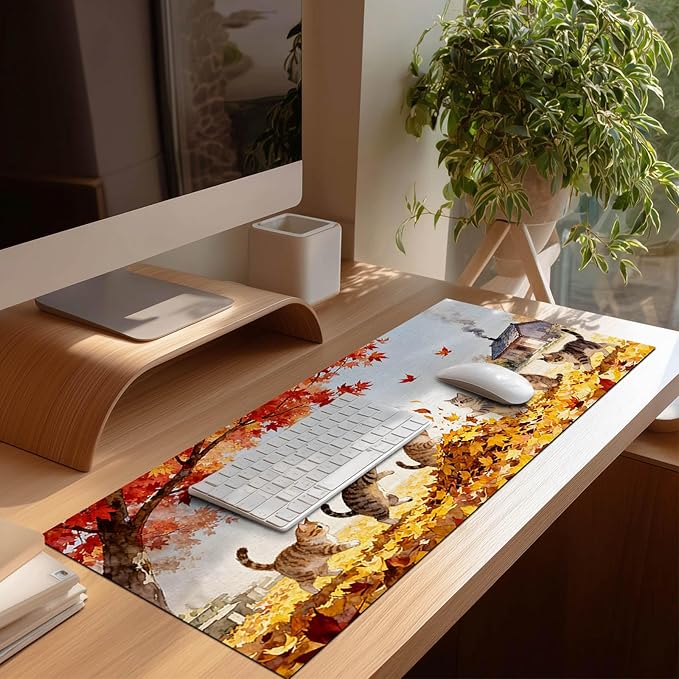 Cat XL Mouse Pad 31.5 x 11.8 Inch Gaming Mousepad Diatomite Large Keyboard Mouse Pad for Home and Office Desk Accessories with Autumn Leaves Kittens Illustration Featuring Stable Base