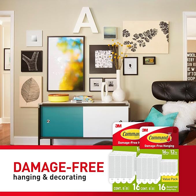 Command Medium and Large Picture Hanging Strips, Damage Free Hanging Picture Hangers, No Tools Wall Hanging Strips for Living Spaces, White, 16 Medium Pairs and 16 Large Pairs (64 Total)