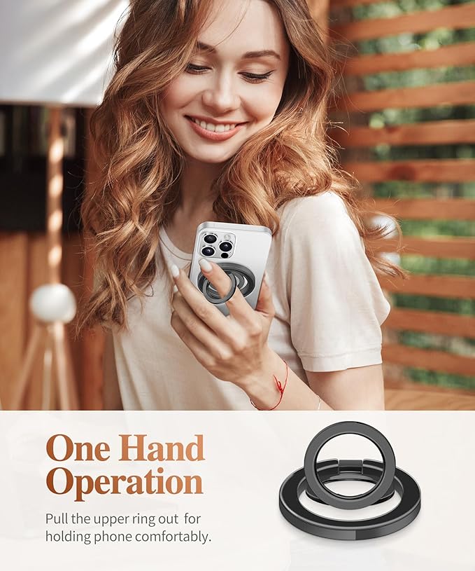 GVIEWIN Magnetic Phone Ring Holder, Compatible with MagSafe Phone Grip with Adjustable Stand, Magnet Phone Ring Kickstand for iPhone 17/16/15/14/13/12 Pro Max Plus Air/Other Phones (Clear/Black)