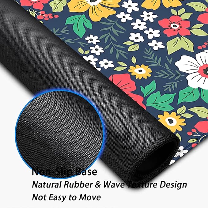 Colorful Floral and Green Leaves Desk Pad Mouse Pad,Flowers XL Mouse Mat with Stitched Edges,Non-Slip Rubber Base Large Mousepad for Office PC Keyboard Laptop and Homework Desk Mat(31.5X11.8 in)