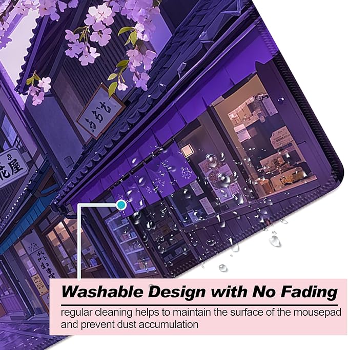 Japanese Anime Purple Cherry Blossom Street XL Large Desk Mat, Extended Long Desk Pad for Gaming and Office, Non-Slip Rubber Base, Comfortable Surface Mouse Pad, 31.5x11.8 in (H16)