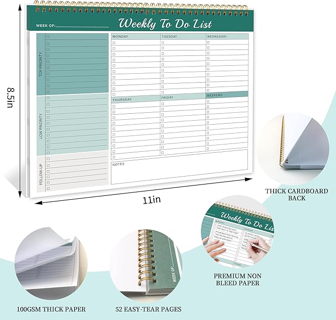 Kamoy Weekly To Do List Notepad with 52 Undated Sheets（8.5"×11"）- Undated Weekly Desk Planner Organizer for Work Home School Office Supplies
