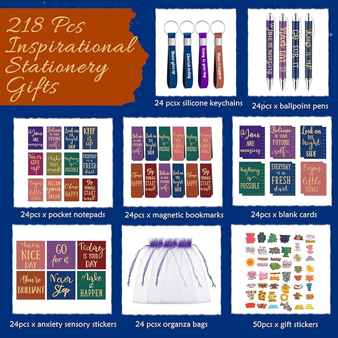 Pasimy 218 Pcs Inspirational Stationery Gifts Motivational Mini Notepad Pen Quote Bookmarks Stress Relief Stickers Inspiring Silicone Keychains for Home Office Appreciation Gift(Bright)