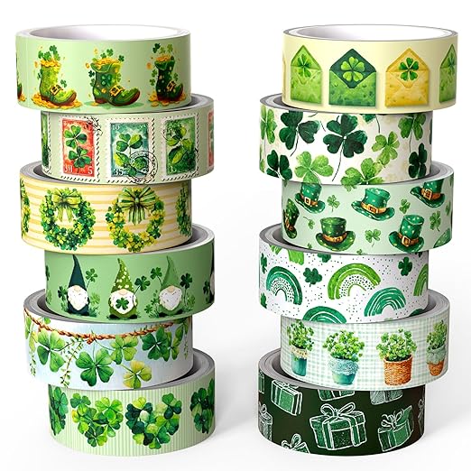 St. Patrick's Day Washi Tape Set, 12 Rolls Green Themed Decorative Tape Shamrocks Lucky Masking Tape for Journaling Supplies, Junk Journal, Scrapbooking, DIY Arts & Crafts, Gift Wrapping