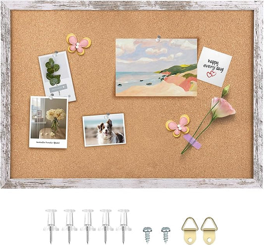 Cork Board Bulletin Board, 29.5x19.7 inches Decorative Hanging Framed Cork Boards for Walls, Pin Board Vision Board for School Home Office, Bulletin Board with Wooden Frame (5075,WH,1pc)