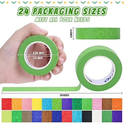 24 Rolls Bulk Colored Masking Tape for Art, 0.6 inch x 360 Yards for Crafts, Labeling, DIY Decorative, colored painters tape, Rainbow Colors Tape for General Use Projects, Easy Tear No Residue
