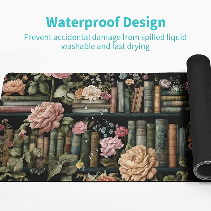 Floral Books Gaming Mouse Pad Reading Mouse Pad 31.5x11.8 Inch Flower Bookshelf Desk Mat Non-Slip Rubber Base Large Mousepad Stitched Edges Keyboard Mouse Mat Desk Pad for Office and Home