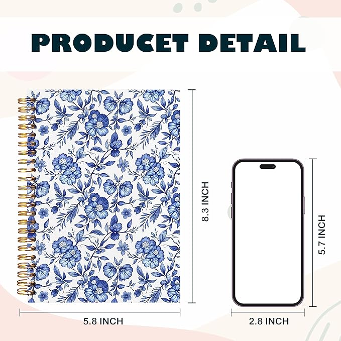 BearCake Floral Chinoiserie Grandmillennial Notebook Journal, Blue Floral Aesthetic Notebook, Chinoiserie Journal, Blue Aesthetic Office Supplies, Notebooks for Work, Hardcover Spiral Notebook 5.5x8.3