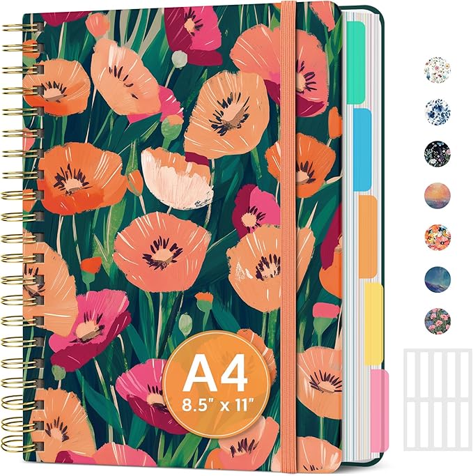 Large Spiral Lined Notebooks for Work with Removable Dividers & Tabs, 8.5"x11" Pretty Hardcover 5 Subject Notebook Journal for Women, College Ruled, Perfect for Study & Office Organization, 280 Pages,Golden Blush