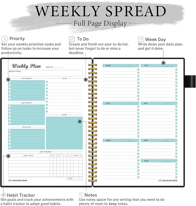 Weekly Planner Undated, Weekly Goals Schedule Planner Regolden-Book To Do List Notebook Calendars Organizers Habit Tracker Journal for Man & Women, Spiral Binding, Pocket, Pen Loop, 53 Weeks (7x10")