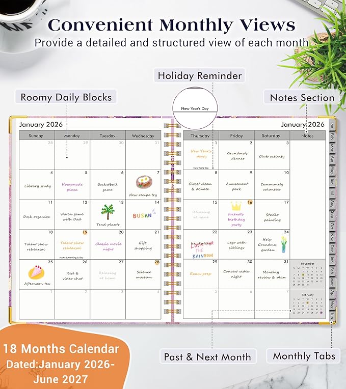 Planner 2026-2027, 18 Months Weekly and Monthly Hardcover Planner, January 2026 - June 2027, 5.75" x 8.38" A5 Daily Calendar Planner Book with Tabs, Spiral Yearly Agenda Organizer Notebook for School Work Home, Purple Marble