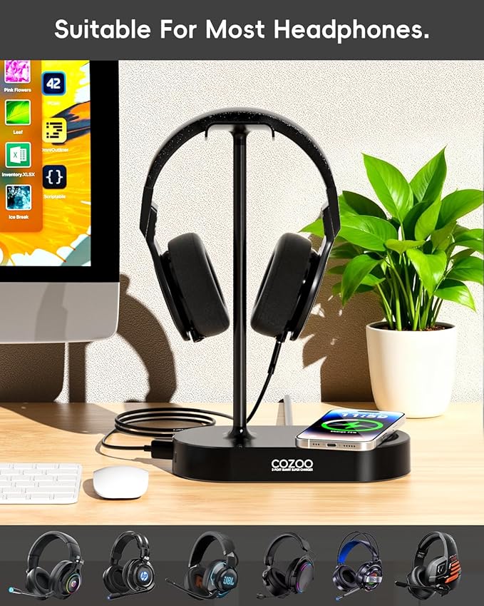 COZOO Headphone Stand with Fast Wireless Charging Pad and 2 USB Charging Ports, Suitable for Gaming, DJ, Wireless Earphone Accessories
