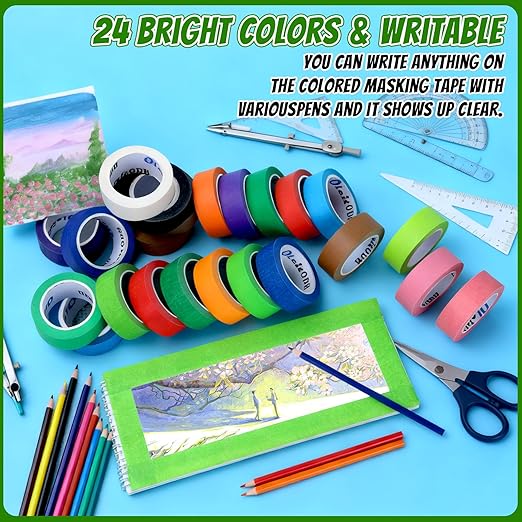 24 Rolls Bulk Colored Masking Tape for Art, 1 inch x 360 Yards for Crafts, Labeling, DIY Decorative, Colored Painters Tape, Rainbow Colors Tape for General Use Projects, Easy Tear No Residue