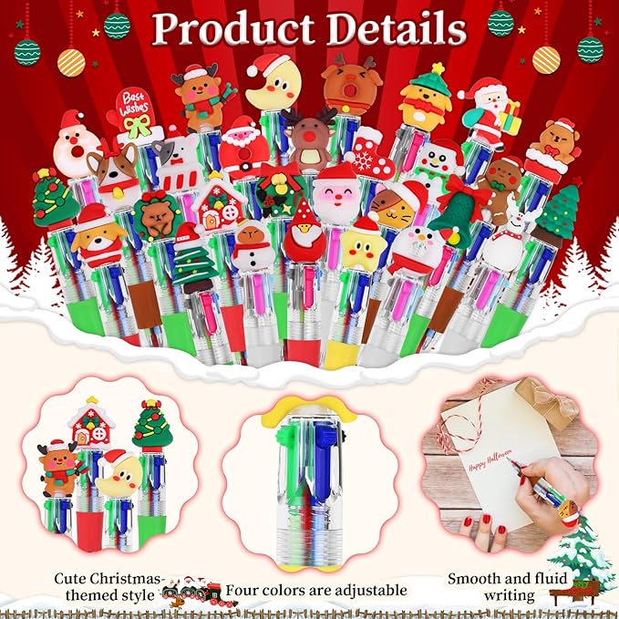 CZWZ 60Pcs Mini Multicolor Pen in One 4-in-1 Cute Pens Bulk for Kids, Ballpoint Pens for Birthdays and Children's Parties, Fun Pens Gifts Assorted Ink Kawaii Pen(Christmas)