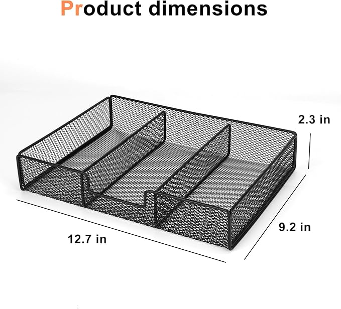 SANWICH Desk Drawer Organizer Tray with Compartments, 3 Grid Metal Mesh Drawer, Multi-use Desk Organizer Storage Box Set for Office,Home,School Supplies, 12.59X9.25X2.36 in (1pcs)