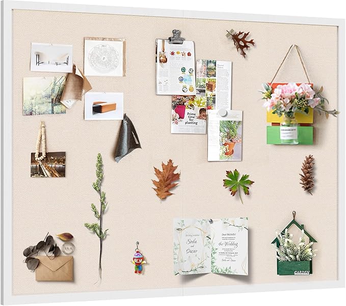 Miratino Large Bulletin Board 48x36 inch with Linen Cork Boards Wall Decor Hanging Pin Wood Framed Display Bulletin Cork Photo Picture Board Light for Room School Office 30-Pushpin White