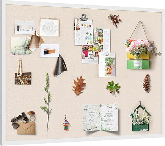 Miratino Large Bulletin Board 48x36 inch with Linen Cork Boards Wall Decor Hanging Pin Wood Framed Display Bulletin Cork Photo Picture Board Light for Room School Office 30-Pushpin White