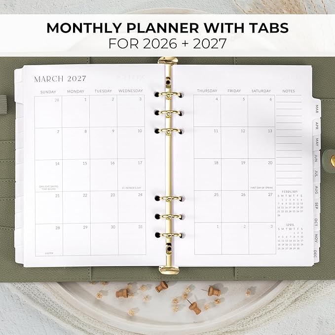 Beautiful 2026-2027 Monthly Planner Inserts for 6 Ring Binders – Durable A5 Paper Refill Set 5.7" x 8.3" - Refills Incl. Tabs & Yearly, Monthly Calendar Spreads - From December 2025 - December 2027
