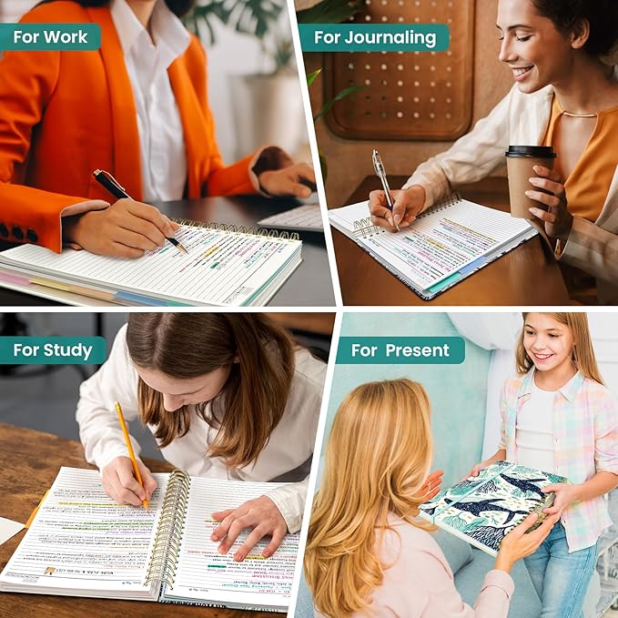 Large Spiral Lined Notebooks for Work with Removable Dividers & Tabs, 8.5"x11" Pretty Hardcover 5 Subject Notebook Journal for Women, College Ruled, Perfect for Study & Office Organization, 280 Pages,Drifting Whales