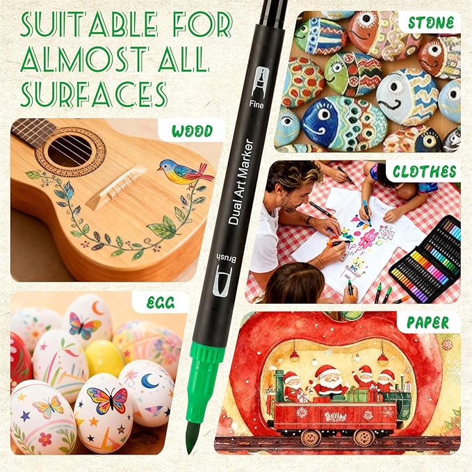 【120 Colors】Adult Coloring Book Markers No Bleed – Dual Felt Tip (Fine & Brush) Art Markers for Teens/Kids – Gel Acrylic Paint Pens Set for Sketching, Drawing, Rock Painting, Journaling, Non Bleeding.