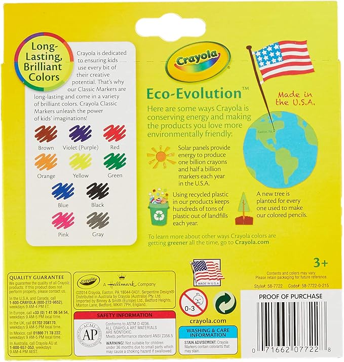 Crayola 758114552570 Broad Line Markers, Classic Colors 10 Each (Pack of 24), Case of 24 no, Count