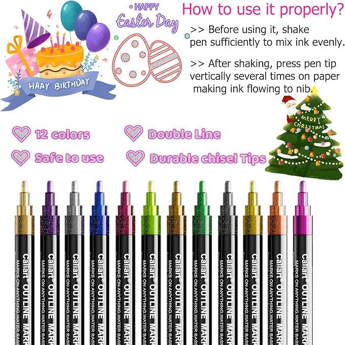 Caliart 12 Colors Outline Markers Shimmer Glitter Pens, Doodling Marker Set for Adults Artists, Cool Fun Craft Drawing Art Supplies