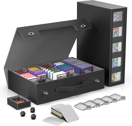 Kabinka Trading Card Storage Box with Handle & Mechanical Latch,5-Row 3900+ Commander MTG Card Case with Sealed Display Window,Top loaders Organizer Deck Box for MTG/TCG/PTCG/Sports Cards (Black)