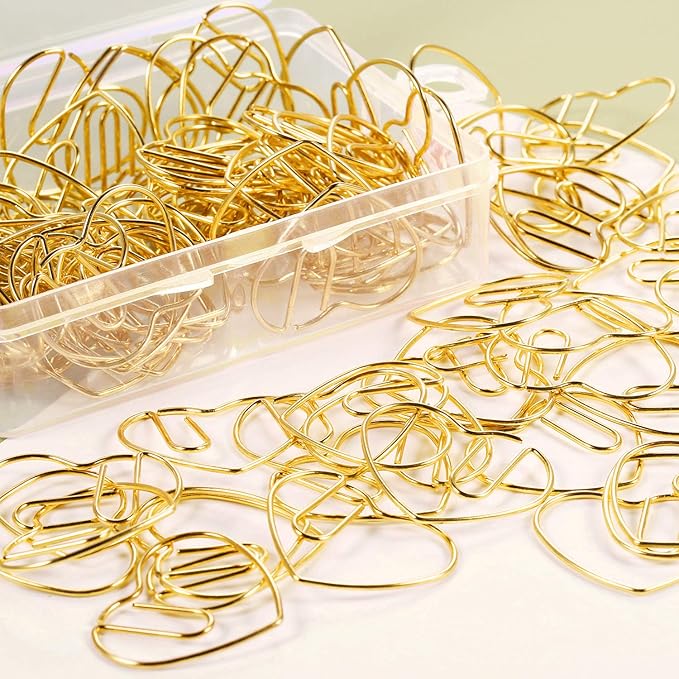 Jetec 100 Pcs Mini Paper Clips Small Cute Fancy Shaped Stainless Steel Metal Bookmarks Bulk for Office Stationery School Supplies Document Note Sorting Wedding Decoration(Heart Shaped,Gold)