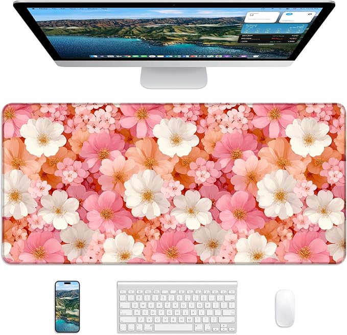 XL Gaming Mouse Pad, 31.5x17.5'' Large Desk Mat with Anti-Slip Rubber Base & Stitched Edges for Gaming, Office, Home - Floral