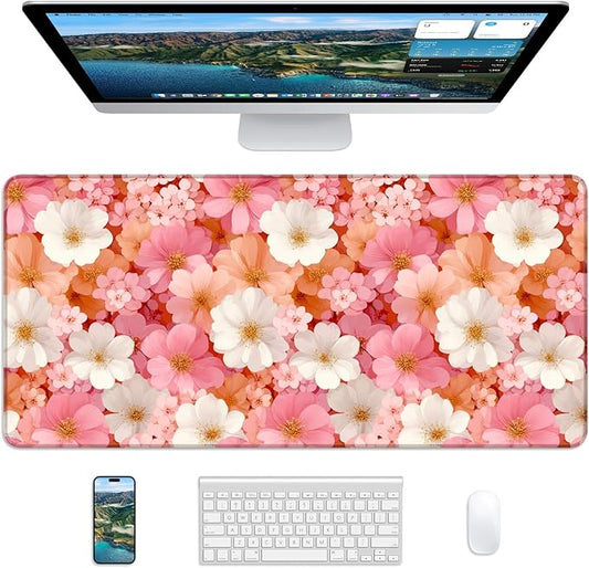 XL Gaming Mouse Pad, 31.5x17.5'' Large Desk Mat with Anti-Slip Rubber Base & Stitched Edges for Gaming, Office, Home - Floral