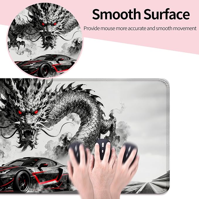 Gray Dragon and Cool Sport Car XL Large Desk Mat, Extended Long Desk Pad for Gaming and Office, Non-Slip Rubber Base, Comfortable Surface Mouse Pad, 31.5x11.8 in (H19)
