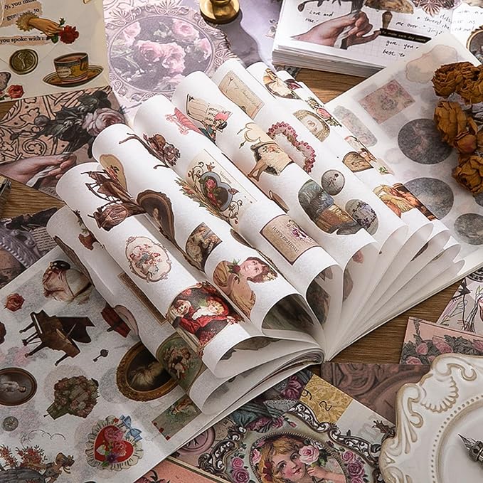 Vintage Scrapbook Sticker Book for Adults, 50 Sheets Aesthetic People Stickers Book for Scrapbooking with 480pcs Washi Stickers and 20 Sheets of Scrapbook Paper Ephemera for Junk Journals Supplies