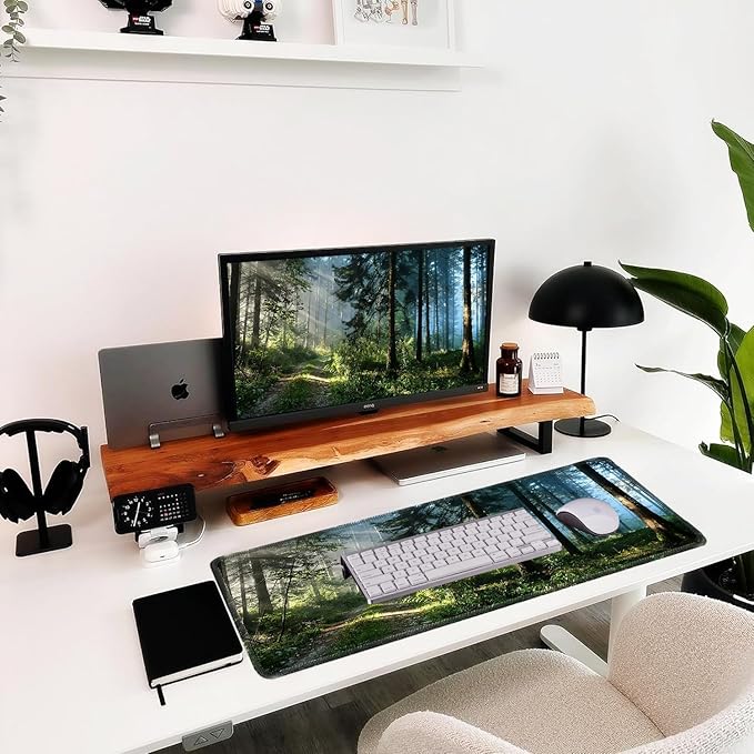 Morning Mist Forest Natural Scenery Mouse pad, Rectangular Micro-Woven Fabric Desk mat with Sewn Edges, Anti-Slip Rubber Base, Suitable for Office laptops, Size 31.5×11.8 in