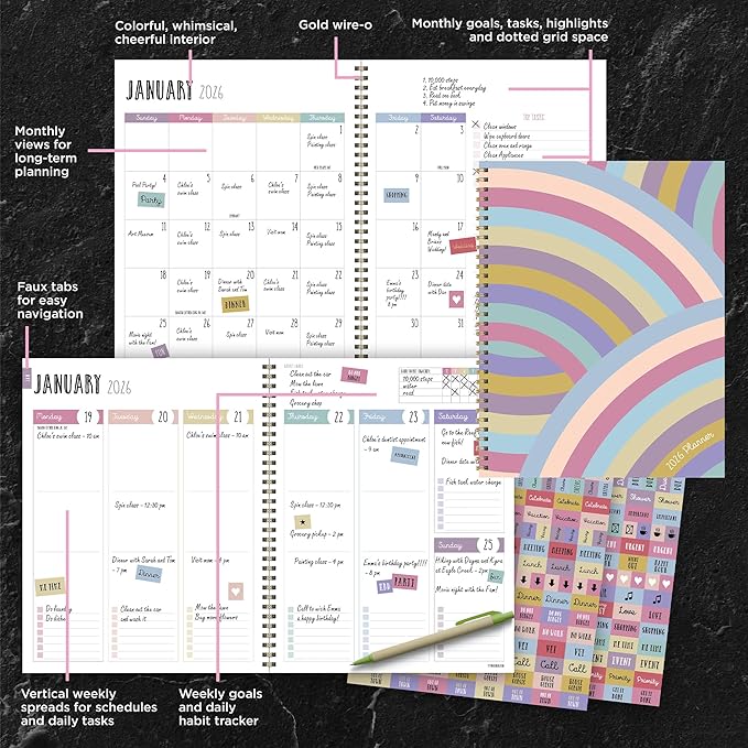 TF Publishing 2026 Almost Rainbow Large Weekly Monthly Planner with 12-Month Calendar Grid, Vertical Weekly Pages, Task and Habit Trackers, and Stickers - Large Planner for School or Work - 9in x 11in