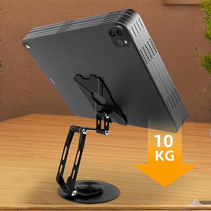 All-Metal Cell Phone Stand 360° Rotatable & Height Adjustable - 25KG Super Load-Bearing, Foldable Desk Stand for Phone & Tablet, Compatible with iPhone 17/16/15/14, Nintendo Switch, Black