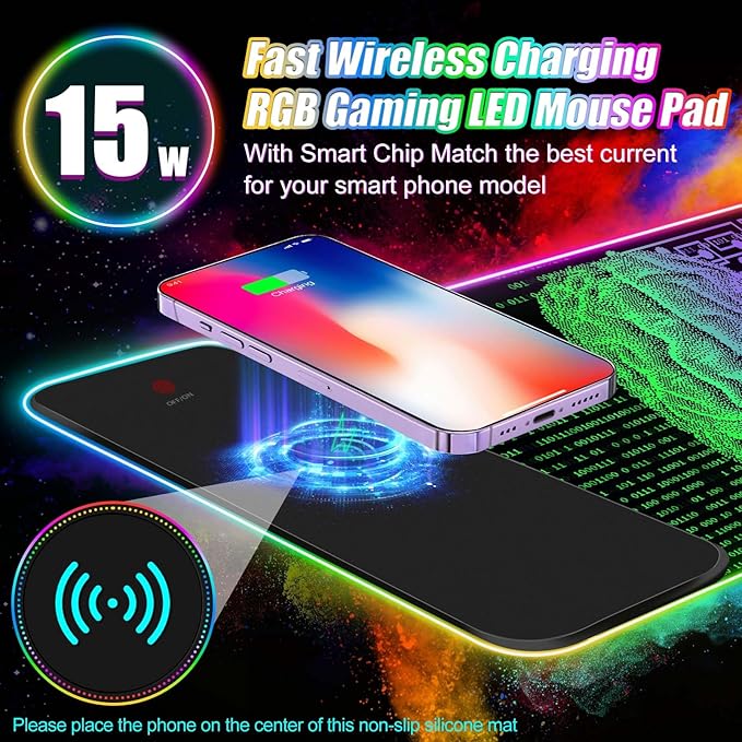 ToLuLu Wireless Charging RGB Gaming Mouse Pad, 15W LED Mouse Mat with 30W Charger, 14 Light Modes Large Mousepad Wrist Support, Non-Slip Rubber Base Desk Mat Computer Keyboard Pad, Right Left Brain