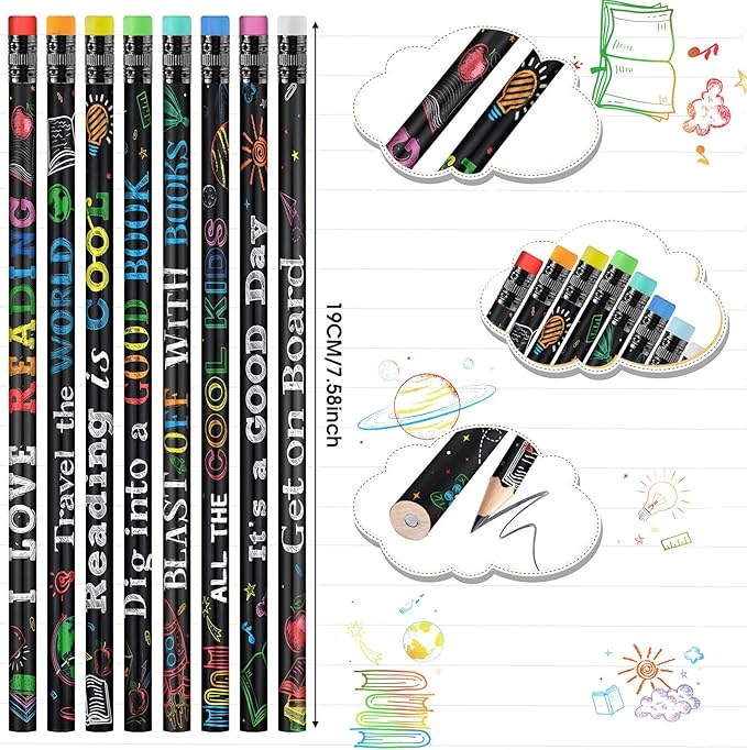 Pasimy 240 Pcs Reading Motivational Pencils Bulk Black Novelty Wooden Pencils with Eraser Classroom Inspirational Pen with Sayings for Kids Student Teacher School Reward Gifts Stationery Party