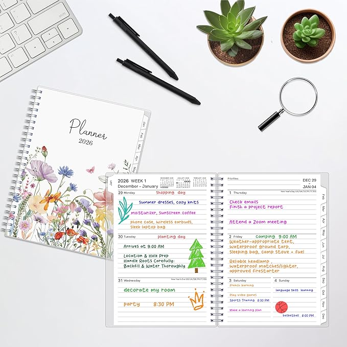 2026 Planner, Weekly ＆ Monthly Planner 2026, Jan 2026 – Dec 2026, 6.2" x 8.42", Flexible Cover, 12 Monthly Tabs, Thick Paper, Spiral Wirebound, Inner Pocket, Watercolor Flowers