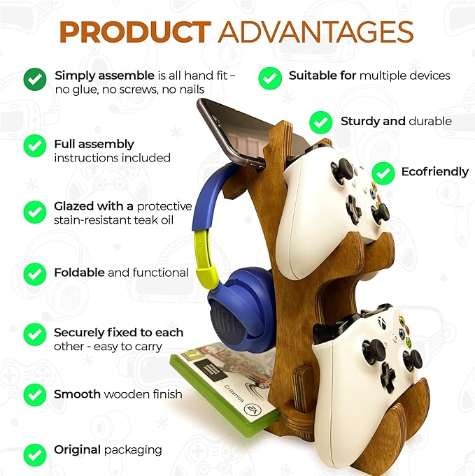 Wooden Controller Stand - Dual Game Controller Holder, Headphone Hanger and Phone Stand - Universal Gaming Acessories and Gamer Gift - Portable Headset Storage Organizer