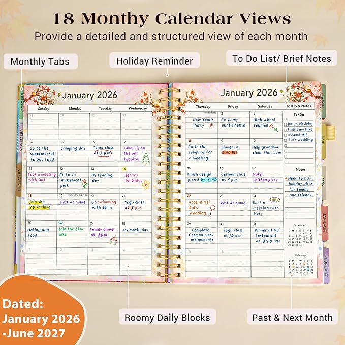 Planner 2026-2027, 18 Months Weekly and Monthly Daily Planner from January 2026 - June 2027, 8.5" x 11" A4 Large Hardcover Agenda Organizer Book 2026 with Tabs, Spiral Yearly Calendar Planners for School Work Home, Colorful Feather