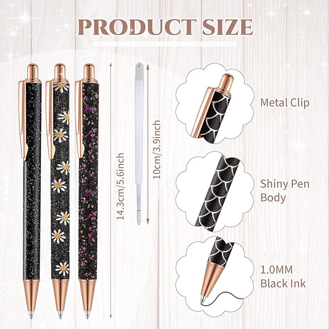 Sherr 7 Pcs Fancy Pens for Women Cute Sparkly Glitter Pens with 10 Pcs Black Ink Refills Pretty Gifts for Girls Office School Christmas Graduation(Simple)