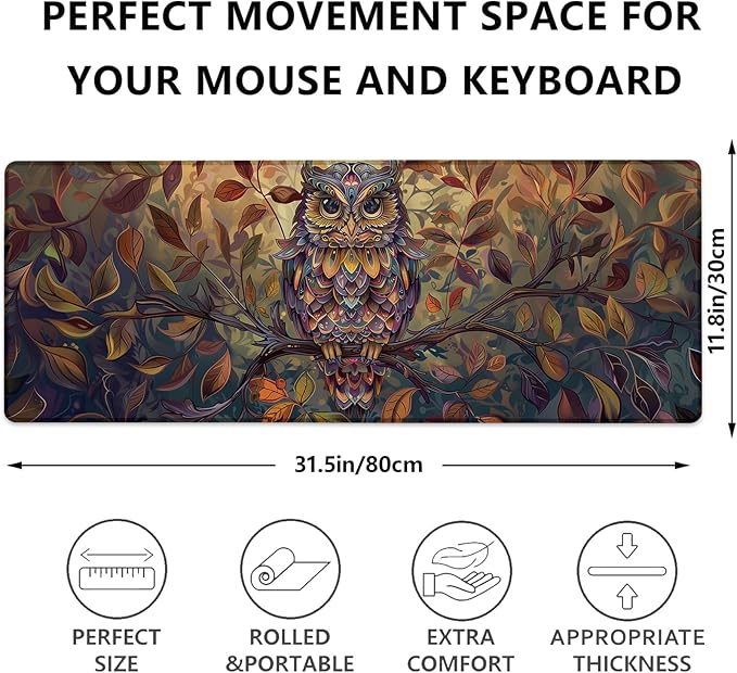 Autumn Owl Gaming Mouse Pad, Colorful Owl Perched on Branch Large Desk Mat for Computer, Extended Keyboard Laptop Mouse Pads 31.5×11.8in, Non Slip Rubber Mousepad for Office Decor Gifts