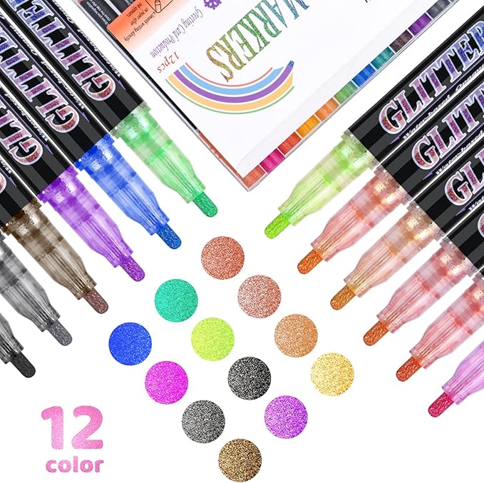Glitter Marker Pens,12 Colors Self-Shimmer Metallic Markers,Glitter Paint Pens DIY Crafts Greeting Birthday Cards, Making Poster,Album,Scrapbooking,Wood，Mugs