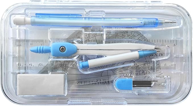 Maths Set Pastel Blue 9PCS Set, Geometry Set Square 4PCS Pack, Compass, Mechanical Pencil, Pencil Leads, Eraser Included in A RE-USABL Plastic Box, Nice Back to School Stationery Set for Students