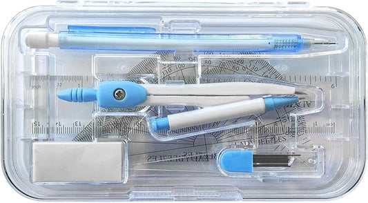 Maths Set Pastel Blue 9PCS Set, Geometry Set Square 4PCS Pack, Compass, Mechanical Pencil, Pencil Leads, Eraser Included in A RE-USABL Plastic Box, Nice Back to School Stationery Set for Students