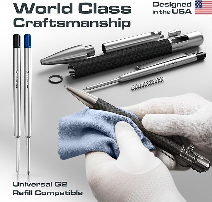 BASTION Luxury Executive Bolt-Action Ballpoint Pen for Men & Women | Ink Refillable Retractable Office Business Writing Pen | Glass Breaker Metal Self-Defense EDC (Carbon Fiber/Stainless Steel)