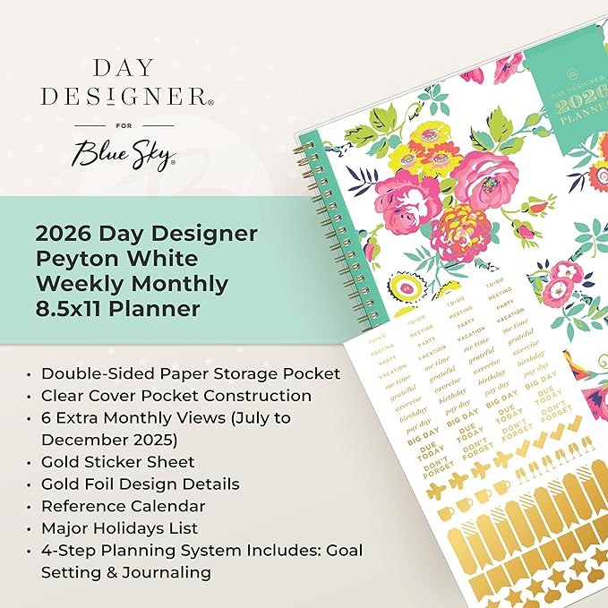Blue Sky Day Designer 2026 Weekly and Monthly Planner Calendar, January 2026 - December 2026, 8.5" x 11", Clear Pocket Cover, Durable Twin Wire Binding, Includes Storage Pocket, Stickers, Peyton White